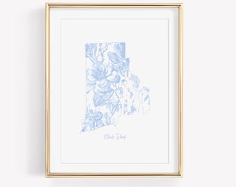 Lámina artística floral azul de Rhode Island: regalo de inauguración de la casa estilo chinoiserie (descarga digital)