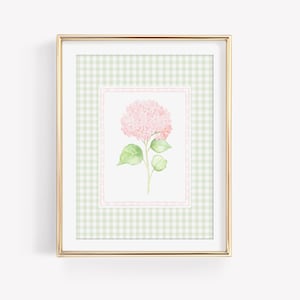 Pink & Green Watercolor Hydrangea Print, Pastel Gingham Floral Poster, LoveShackFancy Wall Art, Grandmillennial Wall Art, Preppy Dorm Decor