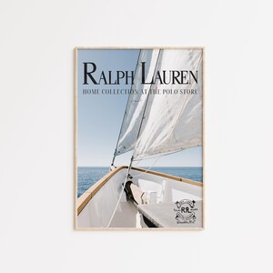 Plakat z letnim żaglowcem Polo Ralph Lauren, wydruk z magazynu Vintage Beach, sztuka krajobrazu morskiego w stylu vintage, modna sztuka nadmorska, malarstwo o marynistycznym uroku,