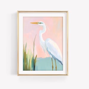 Watercolor White Heron Coastal Marsh Painting, Pastel Summer Print, Southern Lowcountry Art, Preppy Wetlands Print, Grandmillennial Wall Art