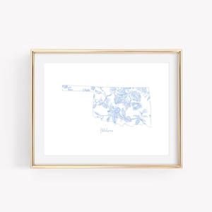 Blå blommig Oklahoma väggkonst, blommig delstat Oklahoma utskrivbar, Grandmillennial-tryck, USA delstatstryck, kustnära barnbarns studentrumsdekor