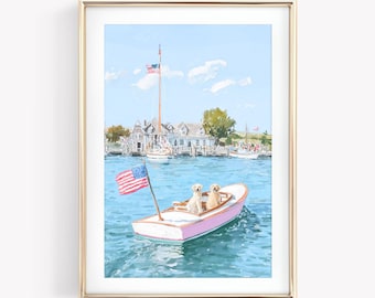 Watercolor Golden Retriever Nautical Print, Nantucket Summer Art, American Flag Print, Coastal Dog Poster, Pink & Blue Preppy Wall Decor