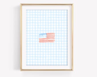 Coastal American Flag Print, Grandmillennial Print, Coastal Granddaughter Wall Art, Nantucket Summer Print, Watercolor American Flag Poster