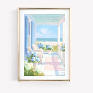 Coastal Granddaughter Watercolor Painting, Pastel Cottagecore Print, East Coast Summer Art, Grandmillennial Beach House & Hydrangeas Print