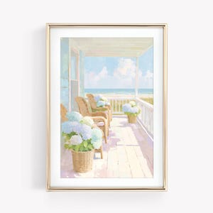 Coastal Granddaughter Watercolor Painting, Pastel Cottagecore Print, East Coast Summer Art, Grandmillennial Beach House & Hydrangeas Print