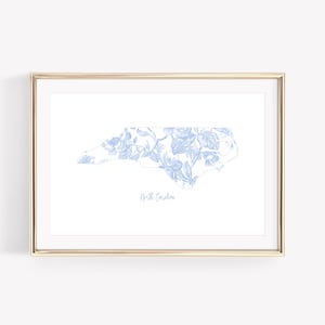 Impresión floral azul de Carolina del Norte, arte mural chinoiserie, impresiones digitales de Grandmillennial, impresiones de estados de EE. UU., decoración de pared costera para nietas