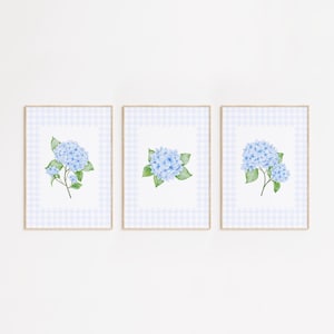 Blue Watercolor Hydrangea Set of 3, Grandmillennial Print, Coastal Granddaughter Wall Decor, Botanical Wall Art, Watercolor Floral Painting