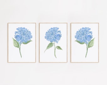 Blue Watercolor Hydrangea Set of 3 Prints, Hydrangea Floral Print, Coastal Granddaughter Wall Decor, Watercolor Flower Art, Botanical Prints