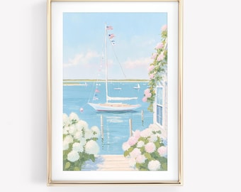 East Coast Sailboat Watercolor Print, Pastel Pink Blue Coastal Art, Nantucket Hydrangea & Sailboats Wall Art, New England Summer Painting