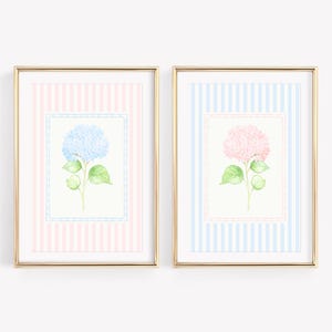 Pink & Blue Watercolor Hydrangea Set of 2, LoveShackFancy Wall Art, Grandmillennial Wall Art, Pastel Striped Floral Print, Preppy Dorm Art