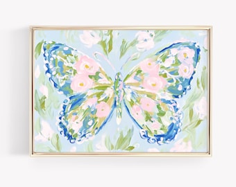 Pastel Floral Butterfly Painting: Abstract Preppy Dorm Print (Digital Download)