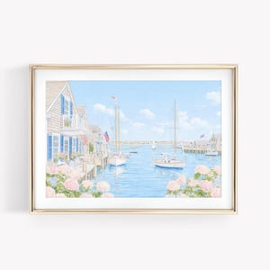 Nantucket Harbor aquarel print, preppy pastel schilderij, oostkust nautische zeilboot kunst, kust Americana decor, trendy appartement decor