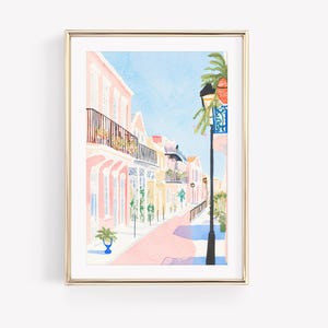 Impresión en acuarela de Nueva Orleans, Luisiana, pintura rosa de la calle Bourbon, arte mural del Barrio Francés, arte costero sureño preppy, decoración de dormitorio en tonos pastel