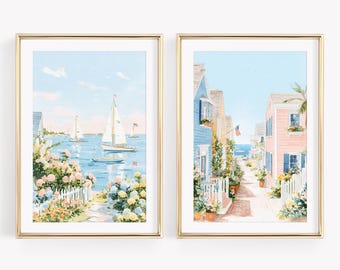 Set of 2 East Coast Summer Print, Floral Nautical Wall Art, Preppy Travel Posters, Pastel Watercolor Coastal Painting, Girly Apartment Decor