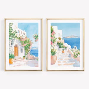 ギリシャの水彩画プリント2枚セット、プレッピーな海岸アート、パステルピンクブルーの水彩画、アマルフィ海岸のプリント、ヨーロッパの夏のプリントセット