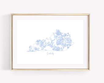 Floral Kentucky Wall Art, Blue and White University Of Kentucky Poster, Chinoiserie Print, Grandmillennial Print, Coastal Granddaughter Art