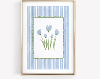 Aquarell Tulpe Wandbild: Blau & Grün Blumen (Digitaler Download)