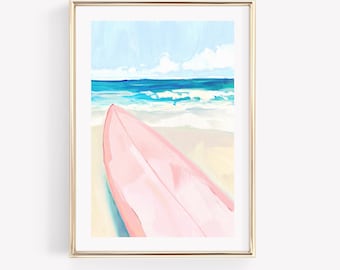 ピンクのサーフボードの水彩画：プレッピーな海岸沿いの寮のインテリア（デジタルダウンロード）