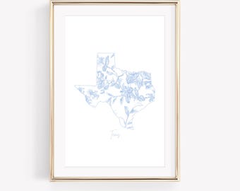 Blue Floral Texas Wall Art, Chinoiserie Texas Printable, Grandmillennial Digital Prints, USA State Print, Coastal Granddaughter Dorm Decor