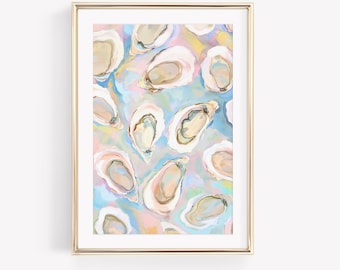 Oyster Shells Art, Abstract Seashells Painting, Beach House Watercolor Print, Preppy Pastel Art, Nantucket Summer Art, Coastal Granddaughter