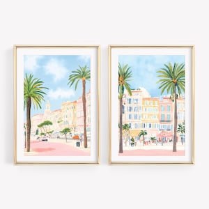 Set Of 2 Coastal Town Watercolor Prints, Preppy East Coast Art, Pastel Watercolor Painting, Coastal Granddaughter Dorm Print Set, Beach Art