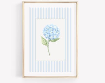Light Blue Stripes & Hydrangea Plants Art, Blue Hydrangea Watercolor Print, Preppy Grandmillennial Dorm Print, Coastal Granddaughter Decor