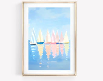 Aquarell Segelboot Malerei, Pastell Gestreifte Segeln Druck, Adrette Strand Wand Kunst, Ostküste Sommer Druck, Küsten Enkelin Wohnheim Dekor