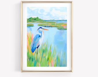 Blue Heron Watercolor Painting, Pastel Summer Marsh Print, Southern Lowcountry Coastal Art, Colorful Wetlands Print, Grandmillennial Decor