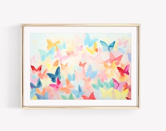 Dipinto di farfalle acquerello preppy, stampa di farfalle astratte colorate, arte Grandmillennial, arte murale per la cameretta delle bambine, arte alla moda per il dormitorio