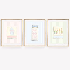 Juego de 3 cajas de cerillas Grandmillenial, estampado de vaquera costera, póster de cerillas de moda, arte de pared estético con cerillas, arte de cerillas preppy