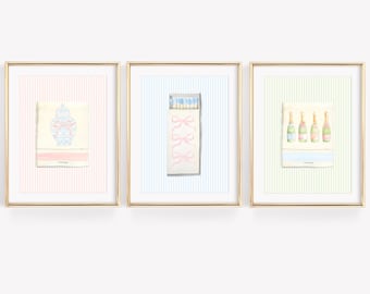 Grandmillenial Matchbox Set of 3, Coastal Cowgirl Print Set, Trendy Matches Poster Set, Aesthetic Matchbook Wall Art, Preppy Matchbooks Art