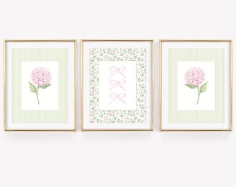 Aquarell Hortensie Wand Kunst Set: Salbei grün, Rosa Schleife Drucke (Digitaler Download)
