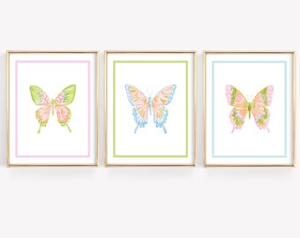Set of 3 Preppy Watercolor Butterfly Prints: Pastel Dorm Wall Art (Digital Download)