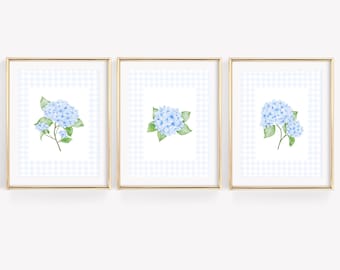 Blue Watercolor Hydrangea Set of 3, Grandmillennial Print, Coastal Granddaughter Wall Decor, Botanical Wall Art, Watercolor Floral Painting