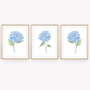 Juego de 3 impresiones de hortensias azules en acuarela, estampado floral de hortensias, decoración de pared costera para nieta, arte floral en acuarela, impresiones botánicas
