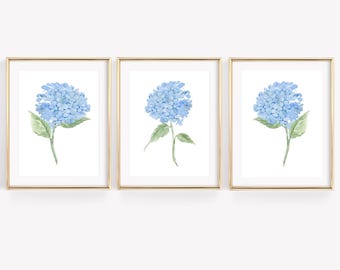 Set of 3 Blue Watercolor Hydrangea Prints, Hydrangea Floral Print, Coastal Granddaughter Wall Decor, Watercolor Flower Art, Botanical Prints