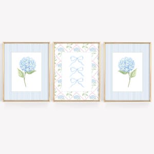 Blue Hydrangea Watercolor Print Set: Chinoiserie Bow Wall Art (Digital Download)