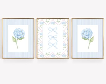 Set of 3 Blue Hydrangea & Bow Prints, Watercolor Chinoiserie Wall Art, Pastel Grandmillennial Prints, LoveShackFancy Art, Coquette Print Set