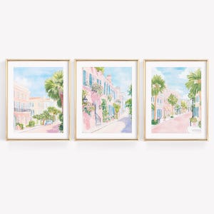 Set Of 3 Charleston South Carolina Watercolor Prints, Preppy Coastal Art, Pastel Pink Blue Watercolor Painting, Charleston Rainbow Row Art