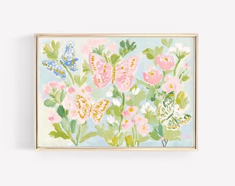 Pastel Floral Butterfly Wall Art: Preppy Abstract Dorm Decor (Digital Download)