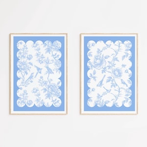 Estampas de arte chinoiserie azul, arte de parede grandmillenial, decoração de parede moderna, conjunto de 2 estampas florais vintage, estampas botânicas azuis, decoração preppy