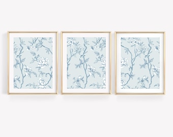 Conjunto de 3 láminas Grandmillennial Chinoiserie, arte toile azul francés, arte mural inspirado en LoveShackFancy, arte floral vintage, arte de jardín inglés
