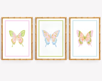 Set of 3 Preppy Watercolor Butterfly Prints: Pastel Dorm Wall Art (Digital Download)