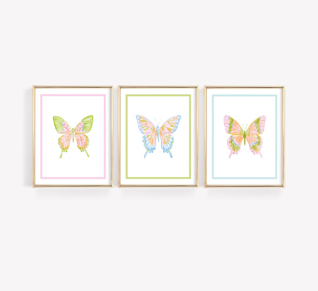 Set of 3 Preppy Watercolor Butterfly Prints: Pastel Dorm Wall Art (Digital Download)