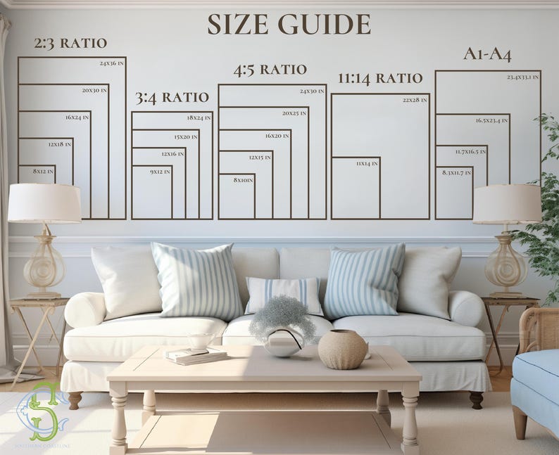 May include: A wall-mounted size guide displays various rectangular frame ratios, including 2:3, 3:4, 4:5, 11:14, and A1-A4, with dimensions in inches. The text "SIZE GUIDE" is at the top. The guide is above a white sofa with striped pillows.