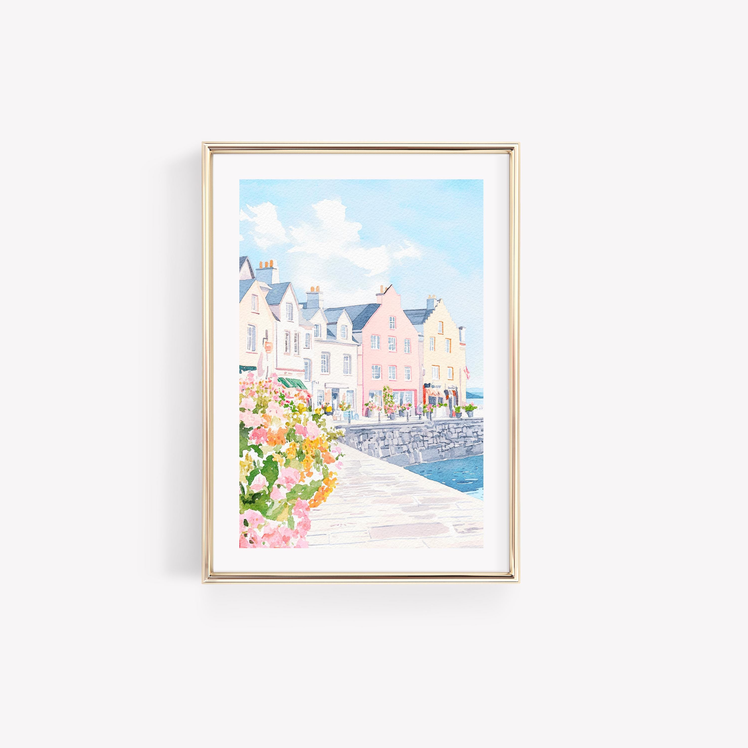 Bondi Beach Aquarell Wandkunst, Ostküste Druck, adrette Küsten Wandkunst, Pastellrosa und Blau Aquarell Malerei, Australien Strand Poster