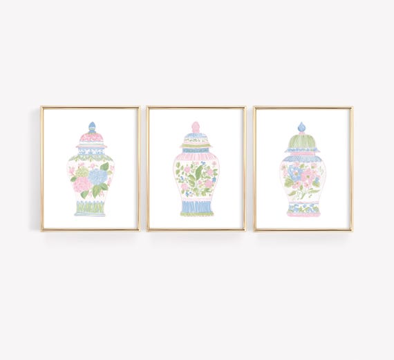 Set of 3 Watercolor Chinoiserie Vases, Pastel Floral Ginger Jar Prints, Pink Grandmillennial Painting, Blue & Green Hydrangea Vase Art Print