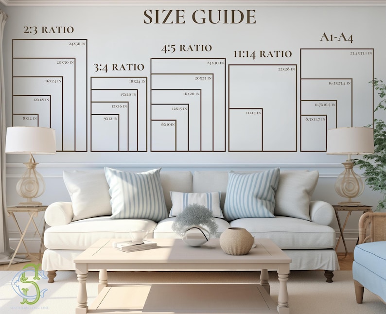 May include: A wall with a size guide for picture frames, showing various ratios and dimensions in inches. The text "SIZE GUIDE" is at the top. The guide includes 2:3, 3:4, 4:5, 11:14, and A1-A4 ratios. The wall is above a white sofa.