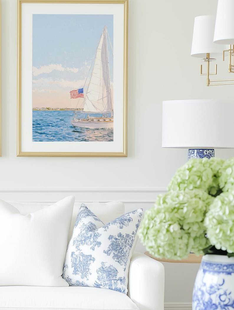 Coastal American Flag Sailboat Print: East Coast Nautical Decor ...