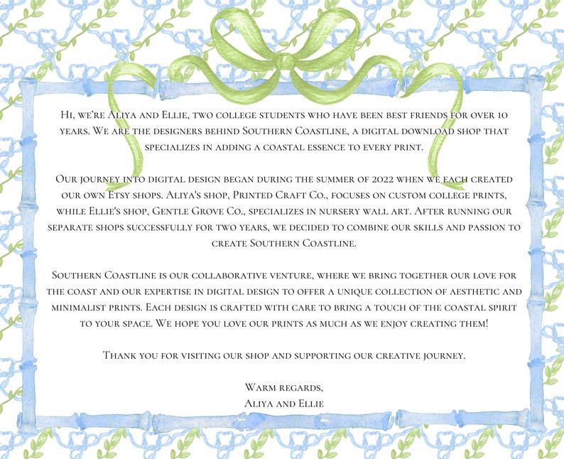 May include: A watercolor-style digital print with a coastal theme. The design features a light blue and green color scheme with a bamboo-style border and a decorative bow. Text includes a shop introduction.